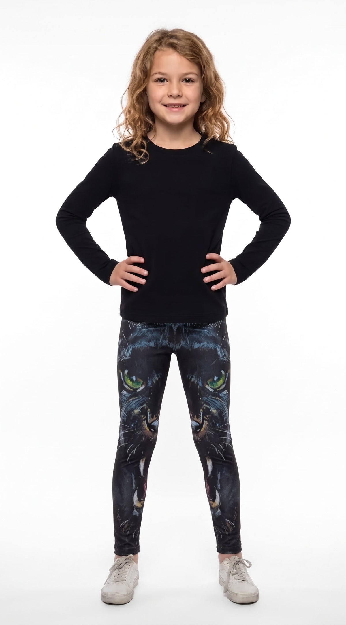 Girl wearing Panther Print Girls Leggings, front view