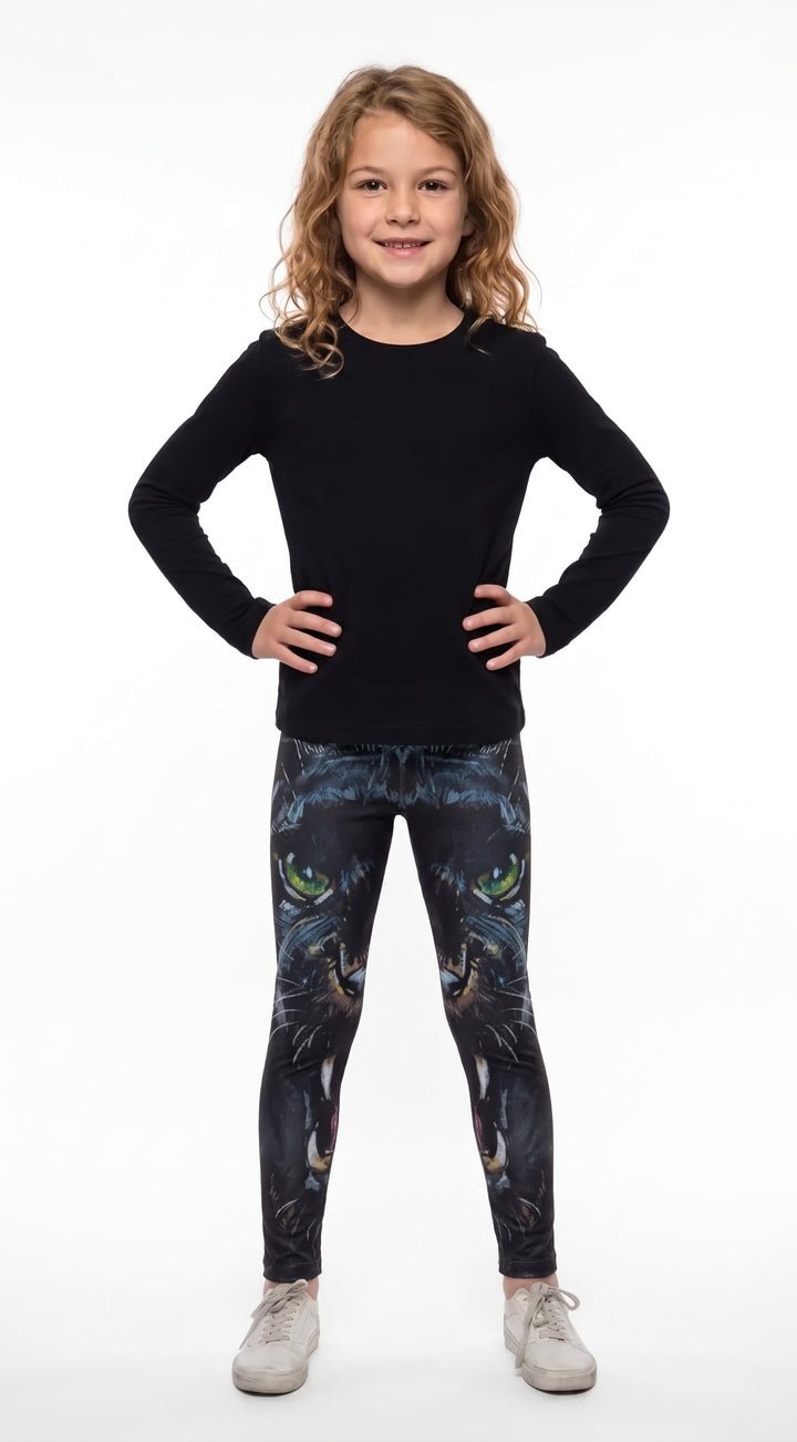 Girl wearing Panther Print Girls Leggings, front view