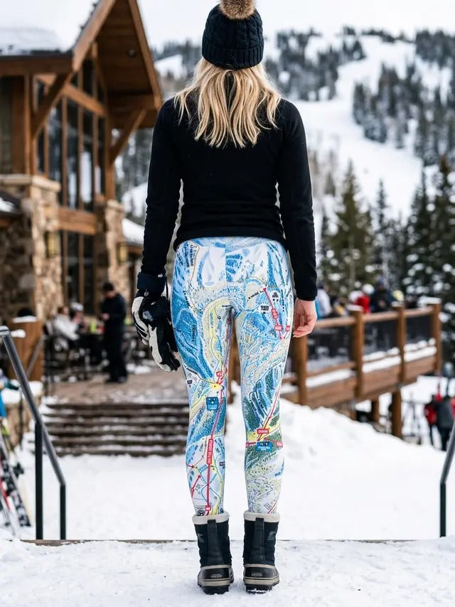 Back view of woman in a black sweater and pom beanie wearing Park City trail map print leggings with blue slopes, red lift lines and run names.