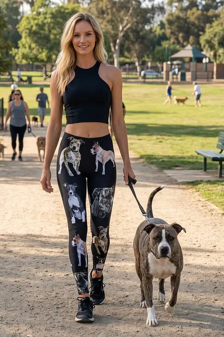 Woman walking a brindle pit bull in a park, wearing black leggings with an all-over pit bull print