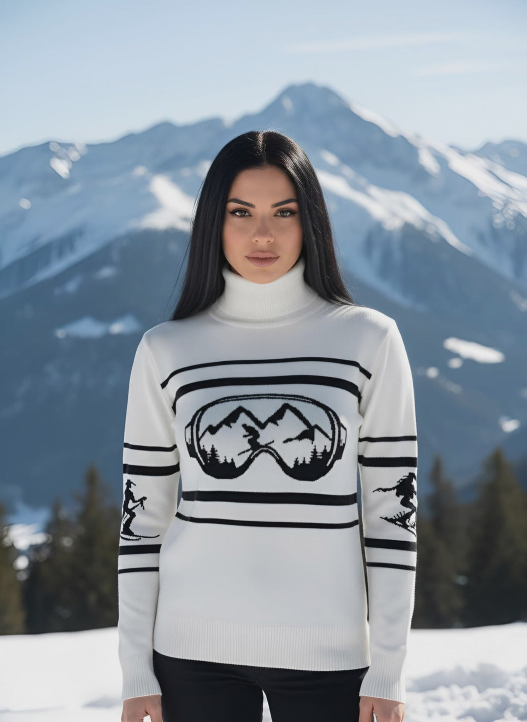 Video of Denimaxx Women’s Visor Mountains Turtleneck Ski Sweater highlighting exclusive cowgirl skier design and fitted silhouette.