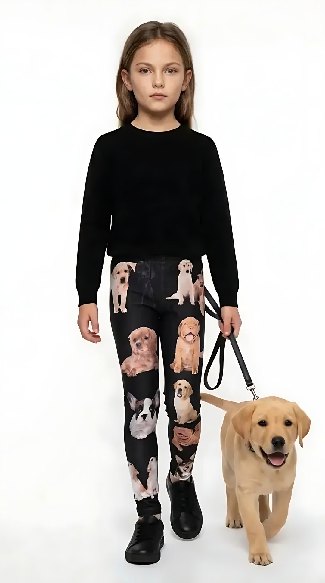 Girl in a black sweater walking a yellow Lab puppy, wearing black girls leggings with puppy portraits