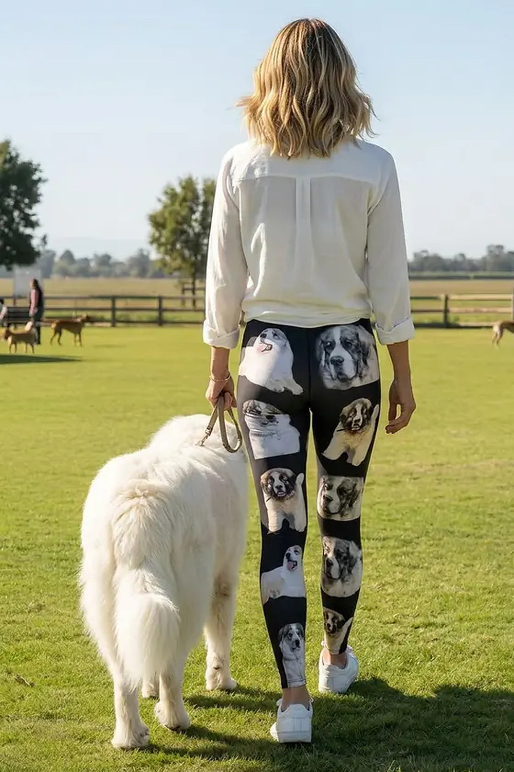 Back view of a woman walking a white Great Pyrenees on the grass in black mountain dog print leggings
