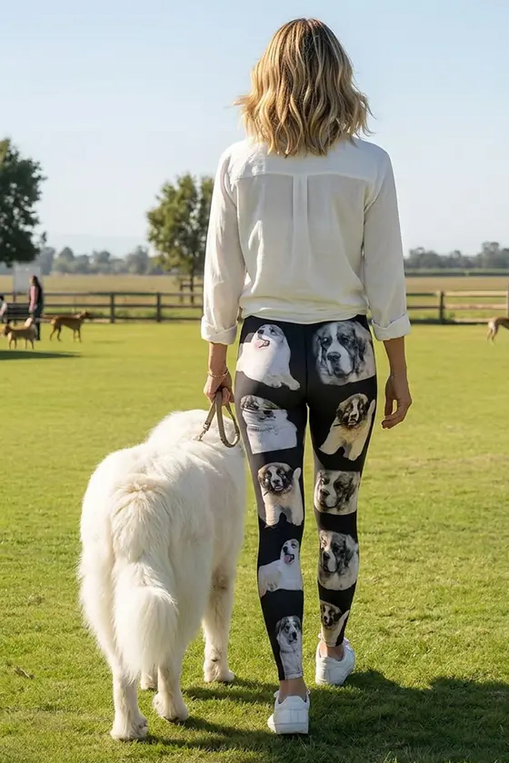 Back view of a woman walking a white Great Pyrenees on the grass in black mountain dog print leggings