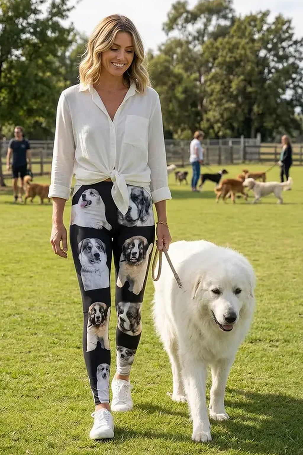 Woman in a white shirt walking a Great Pyrenees in a park, wearing Pyrenean Mountain Dog print leggings