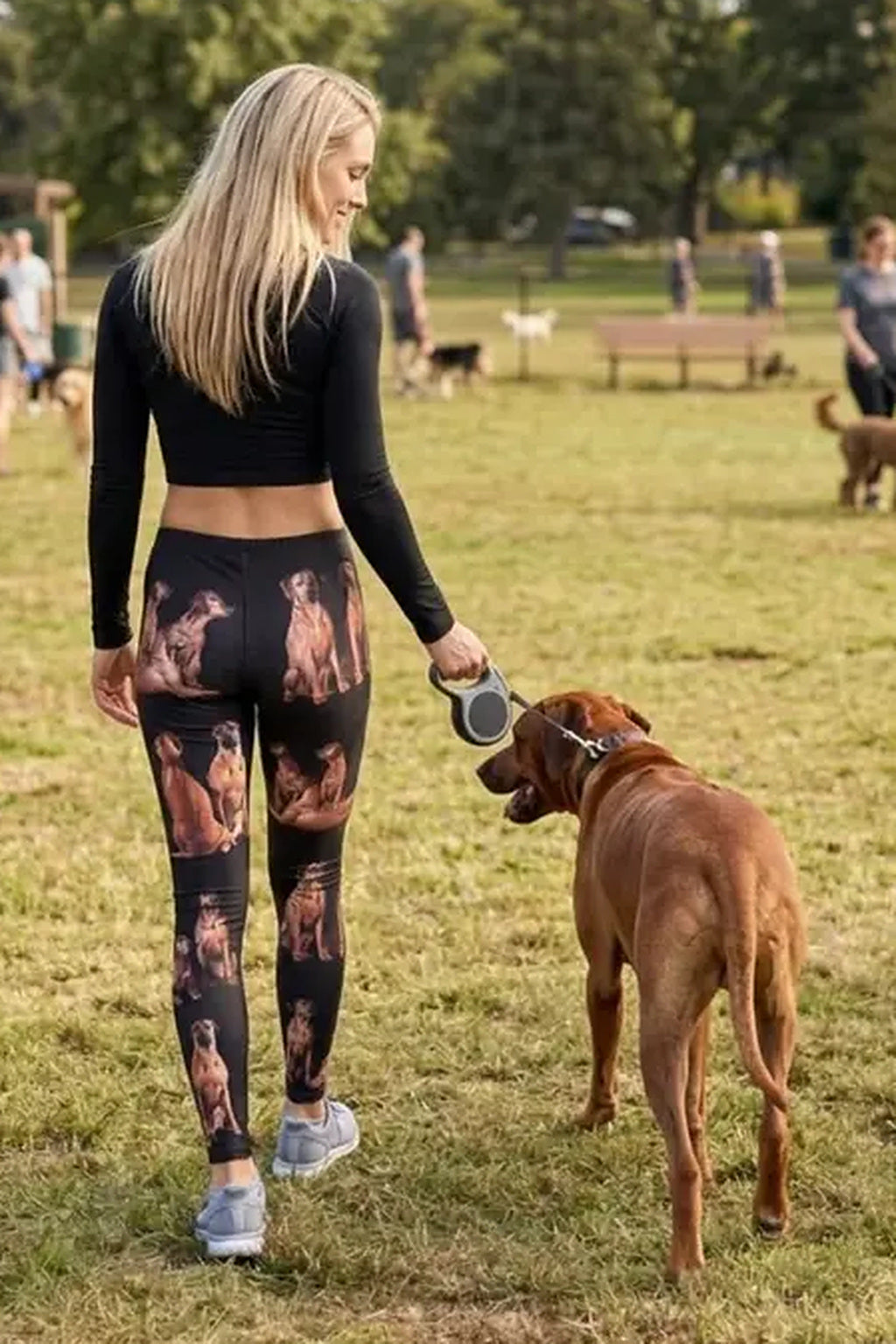 Back view of a woman in a black crop top walking a Rhodesian Ridgeback in ridgeback print leggings