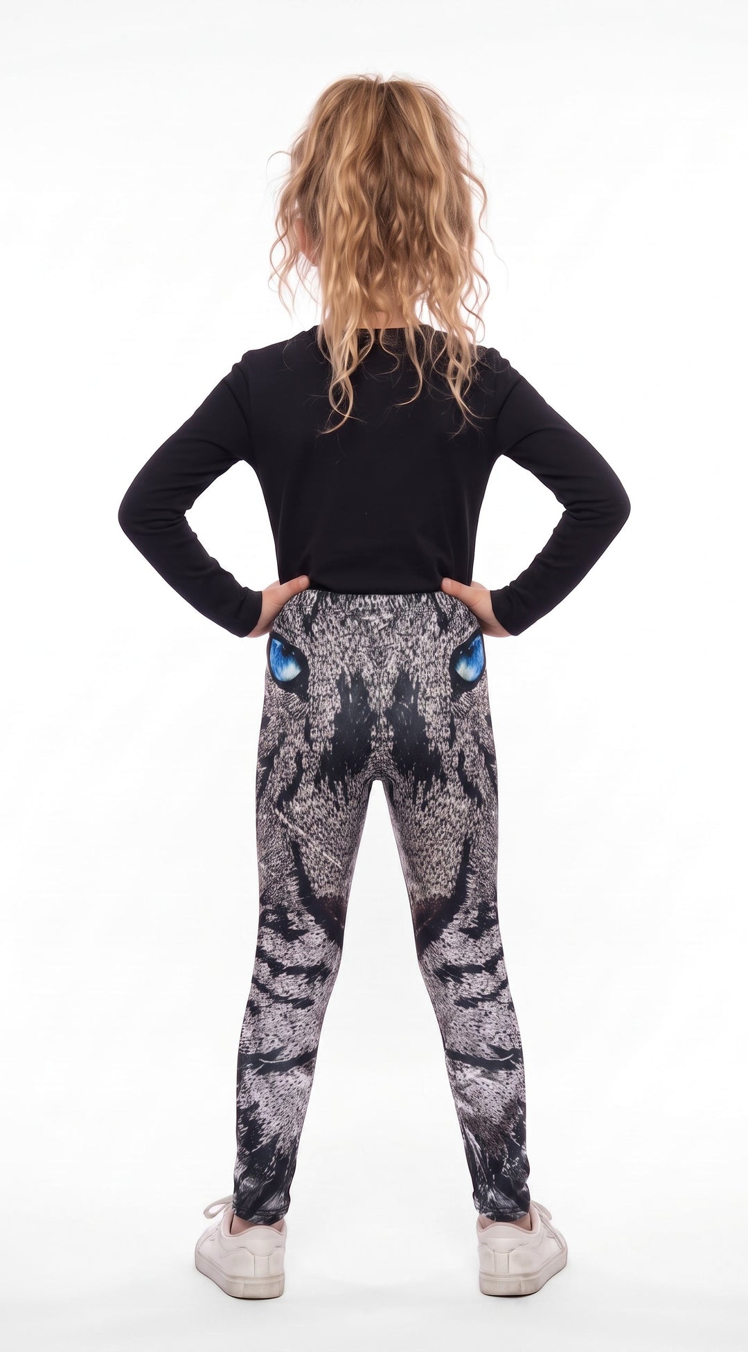 Roaring lion print girls leggings, gray mosaic lion face with blue eyes, back view