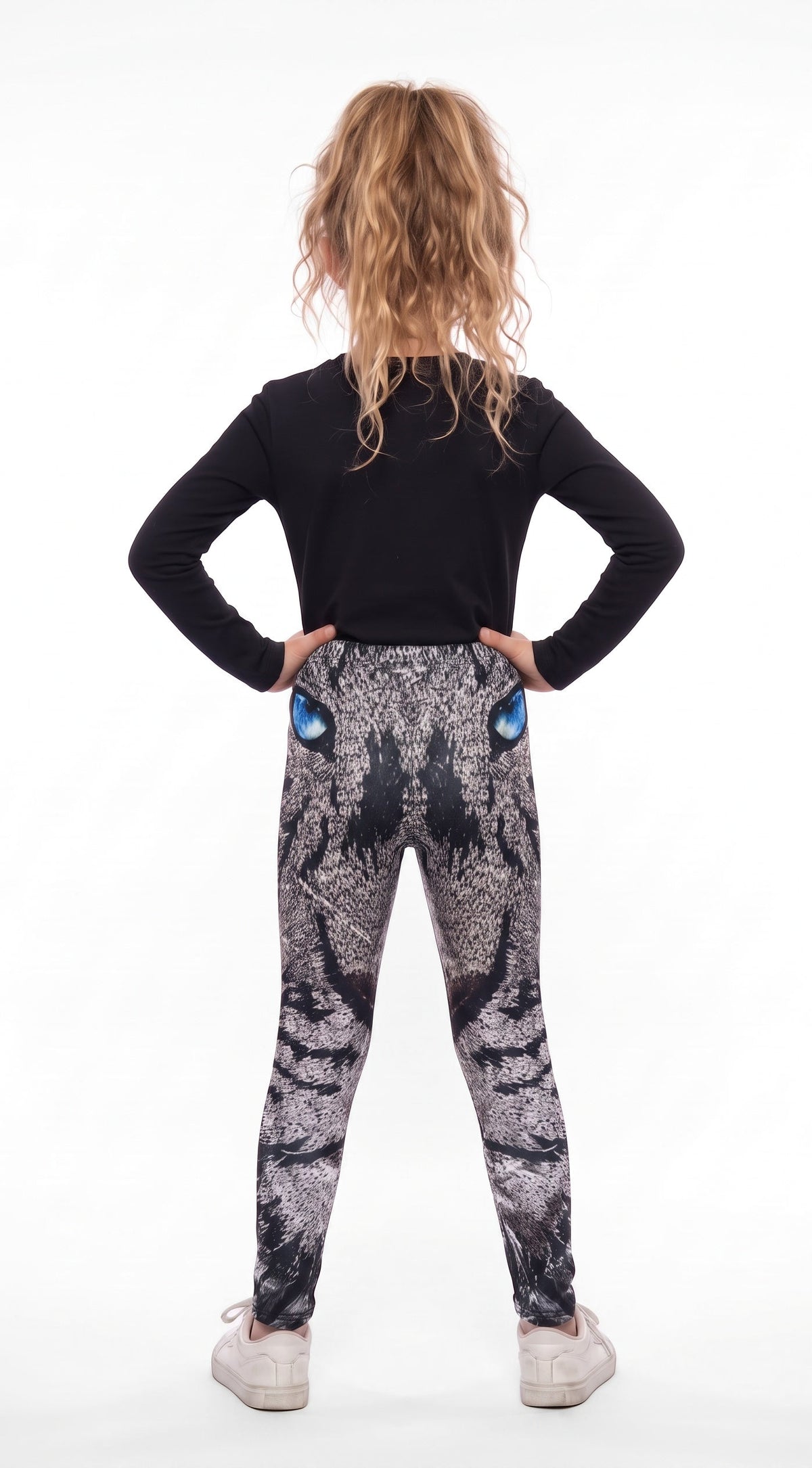 Roaring lion print girls leggings, gray mosaic lion face with blue eyes, back view