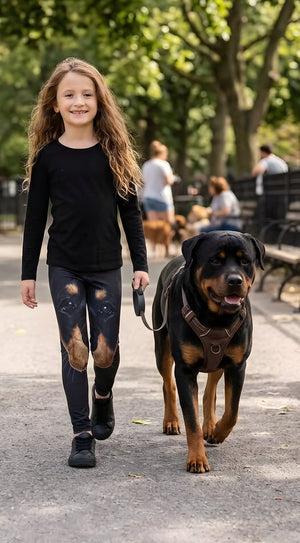 Girl wearing Rottweiler Dog Print Girls Leggings walking a Rottweiler