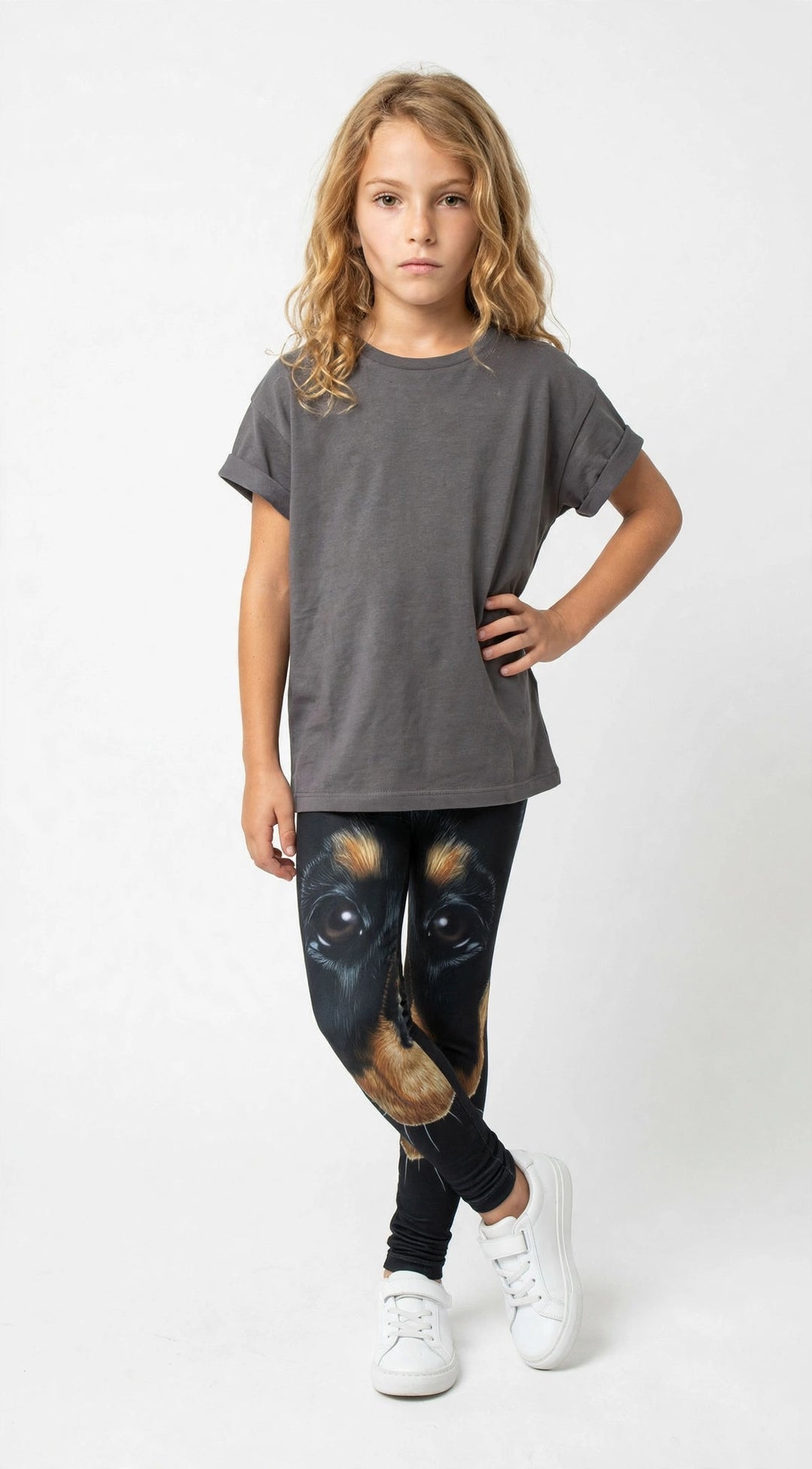 Young girl posing with hand on hip, wearing Denimaxx kids Rottweiler print leggings with a large realistic dog face design, gray t-shirt, and white sneakers in a studio.