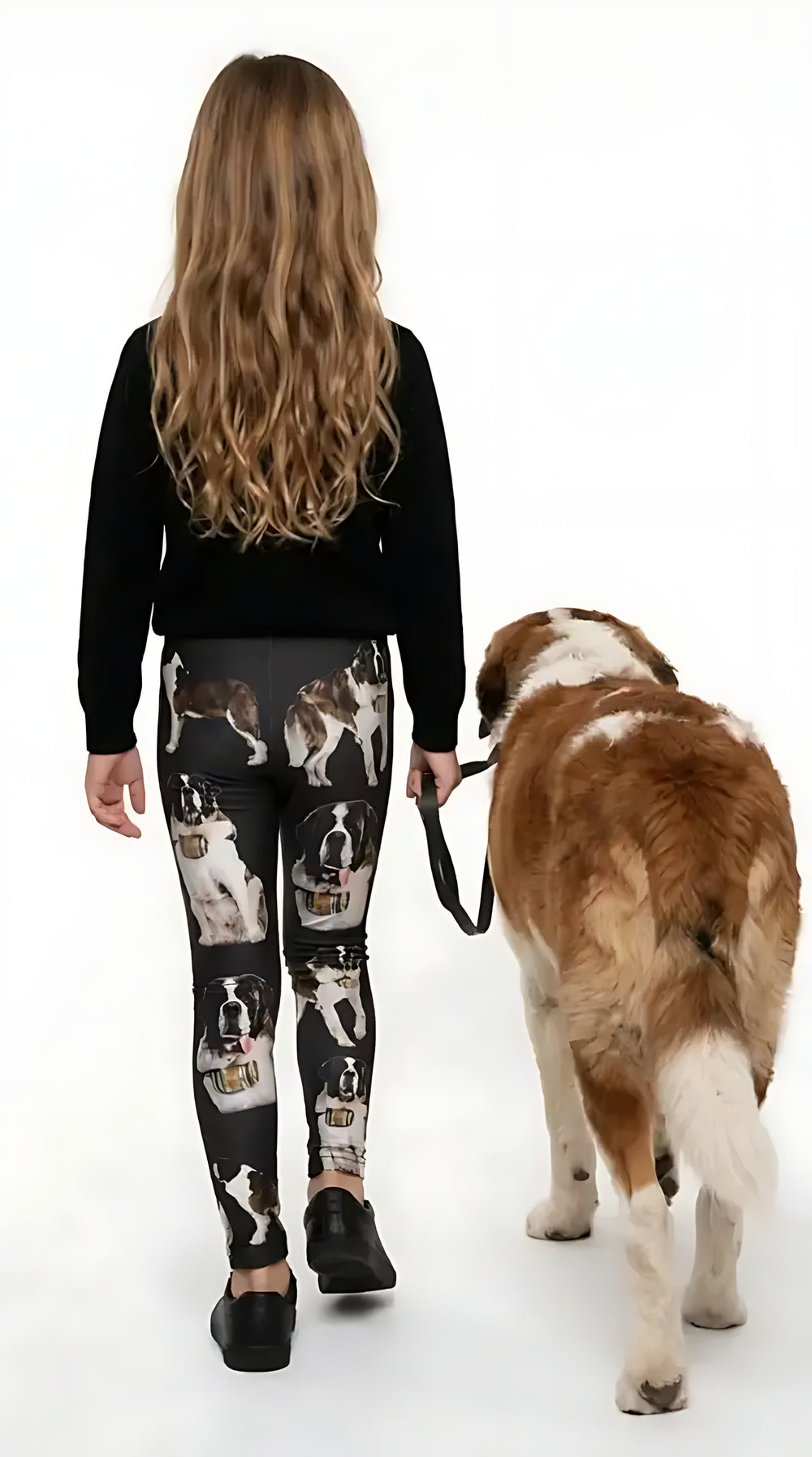 Back view of a girl walking a Saint Bernard, wearing black Saint Bernard print girls leggings