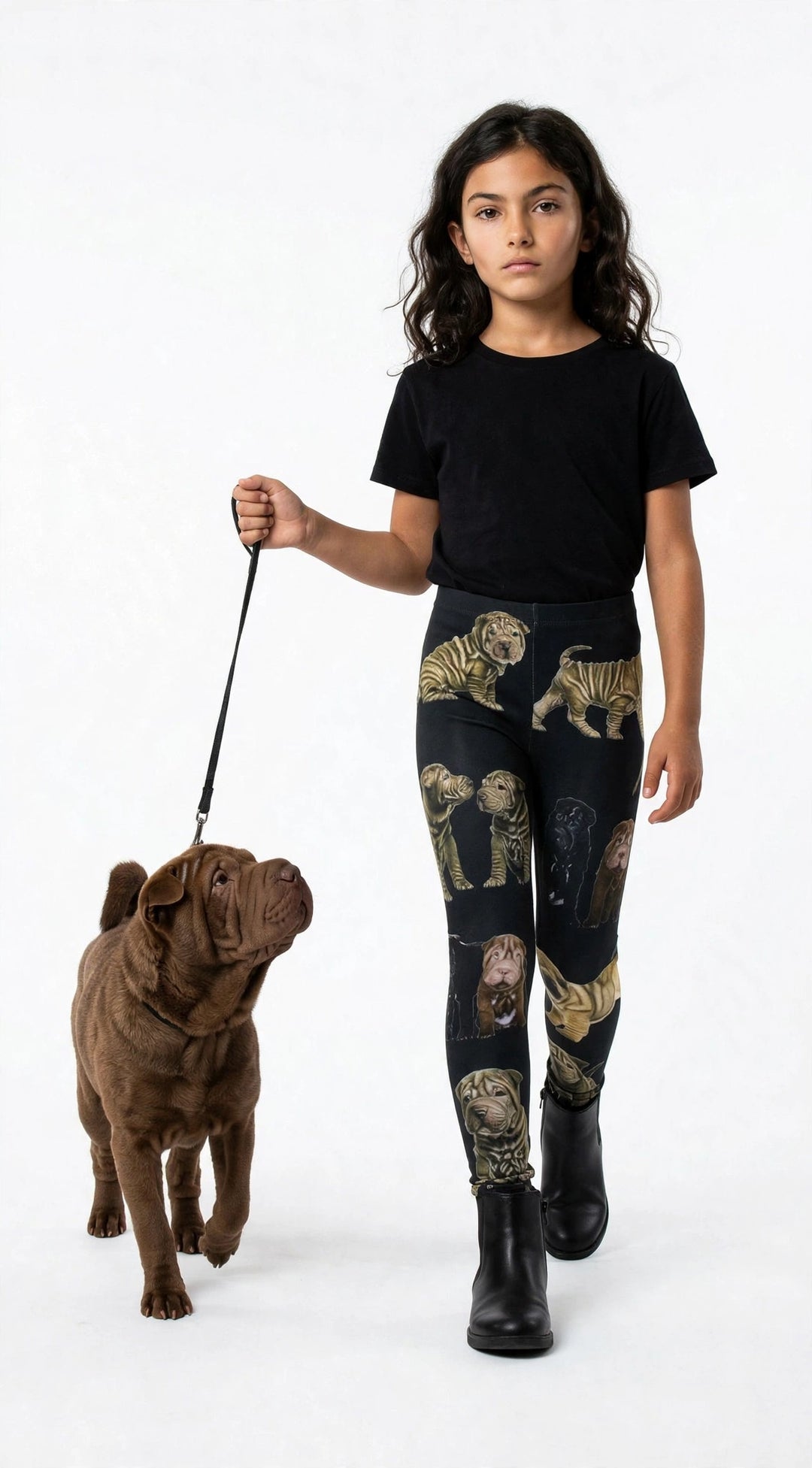 Young girl holding a leash with a real Shar Pei, wearing Denimaxx kids Shar Pei print leggings and a black t-shirt, studio shot.