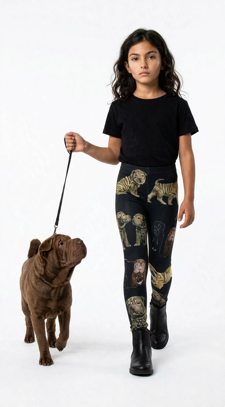 Young girl holding a leash with a real Shar Pei, wearing kids Shar Pei print leggings and a black t-shirt, studio shot.