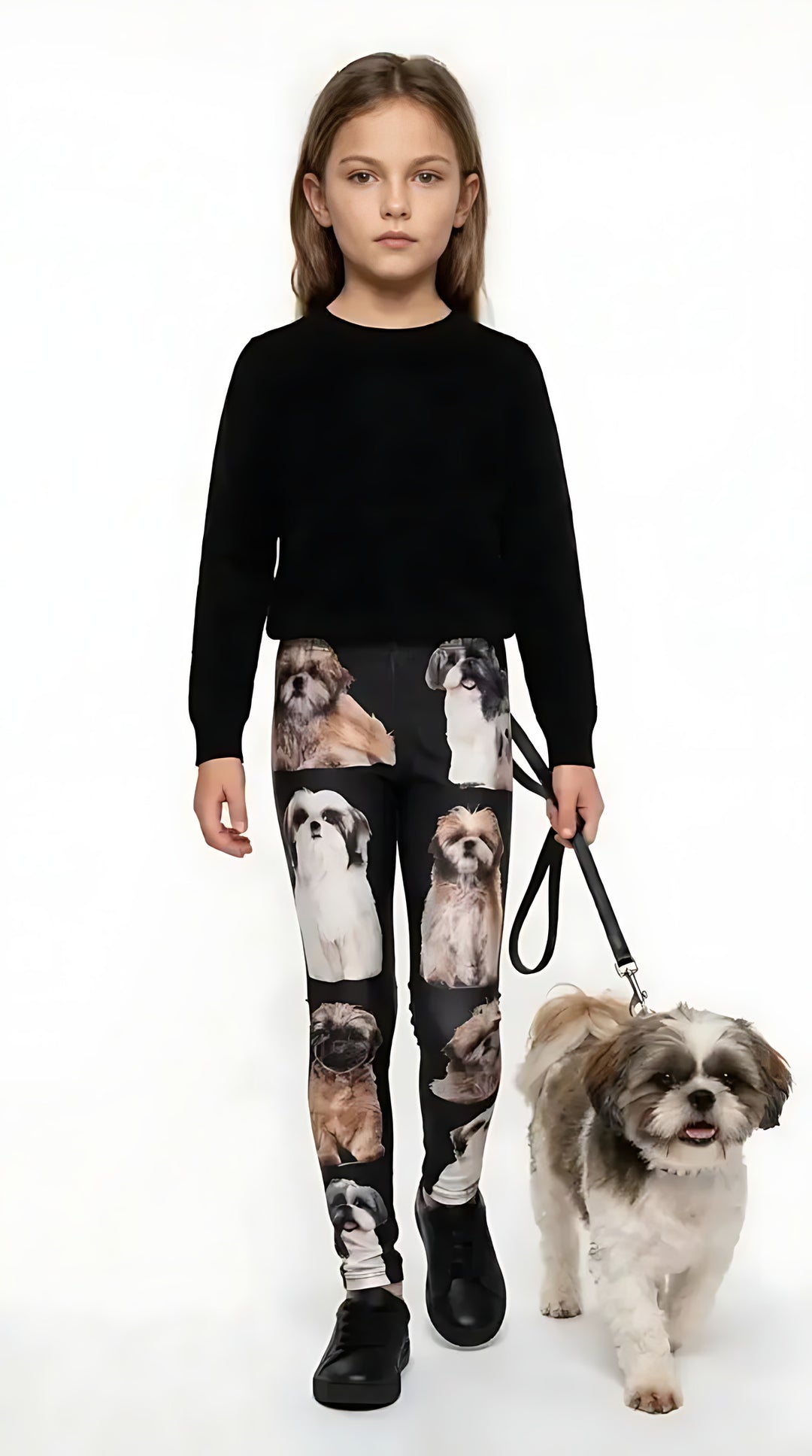 Girl wearing black Shih Tzu print kids leggings with a Shih Tzu dog