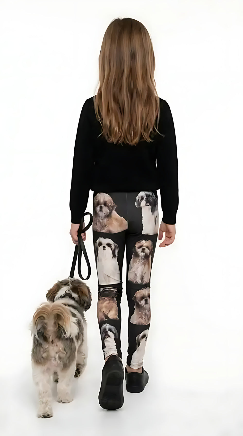 Back view of a girl walking a Shih Tzu, wearing black Shih Tzu print girls leggings