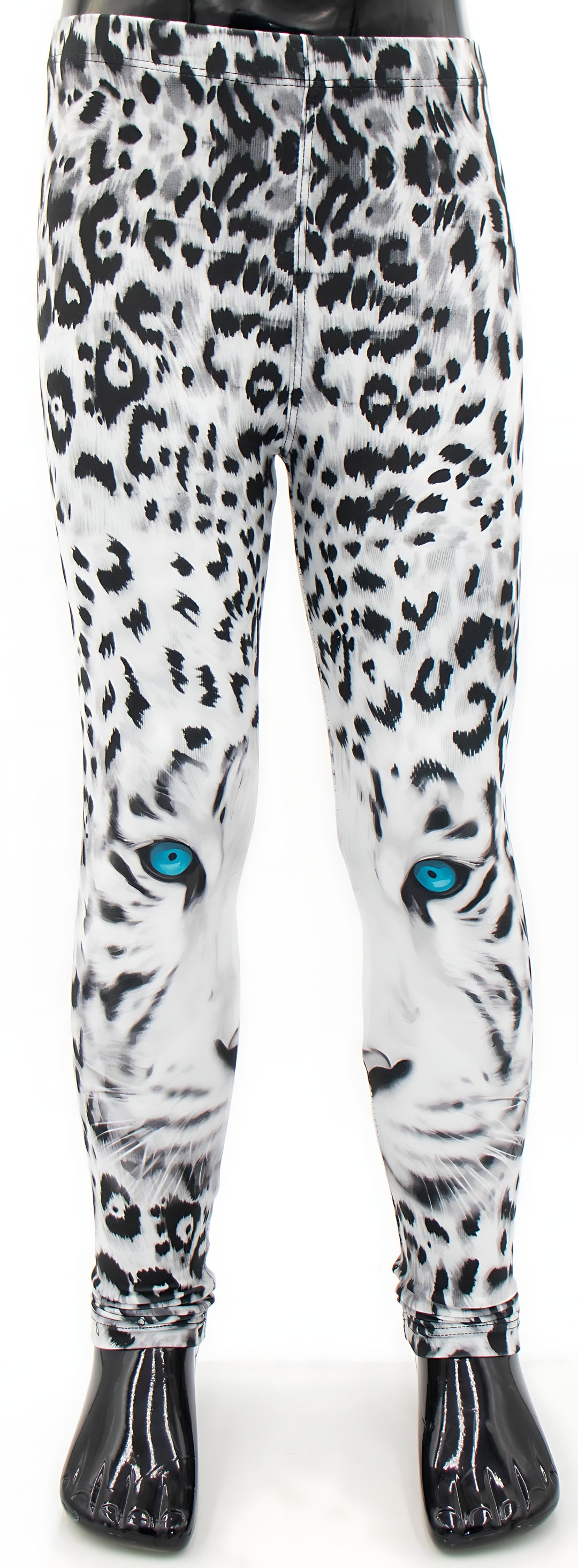 Full-length front view of kids snow leopard print leggings with blue eyes and black spots on white fur, studio mannequin.
