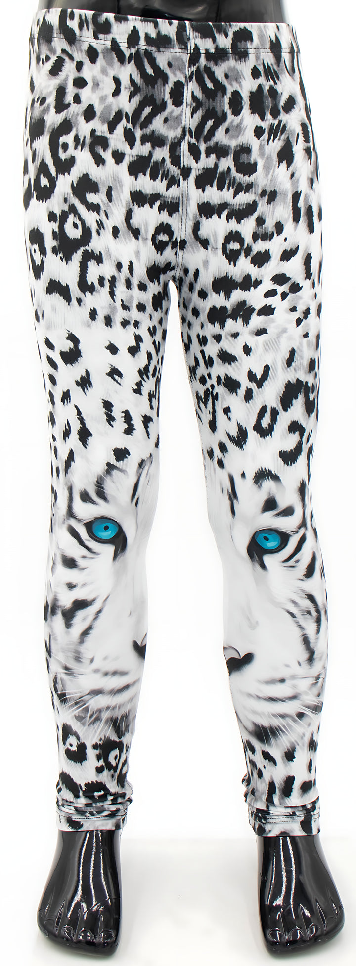 Full-length front view of kids snow leopard print leggings with blue eyes and black spots on white fur, studio mannequin.