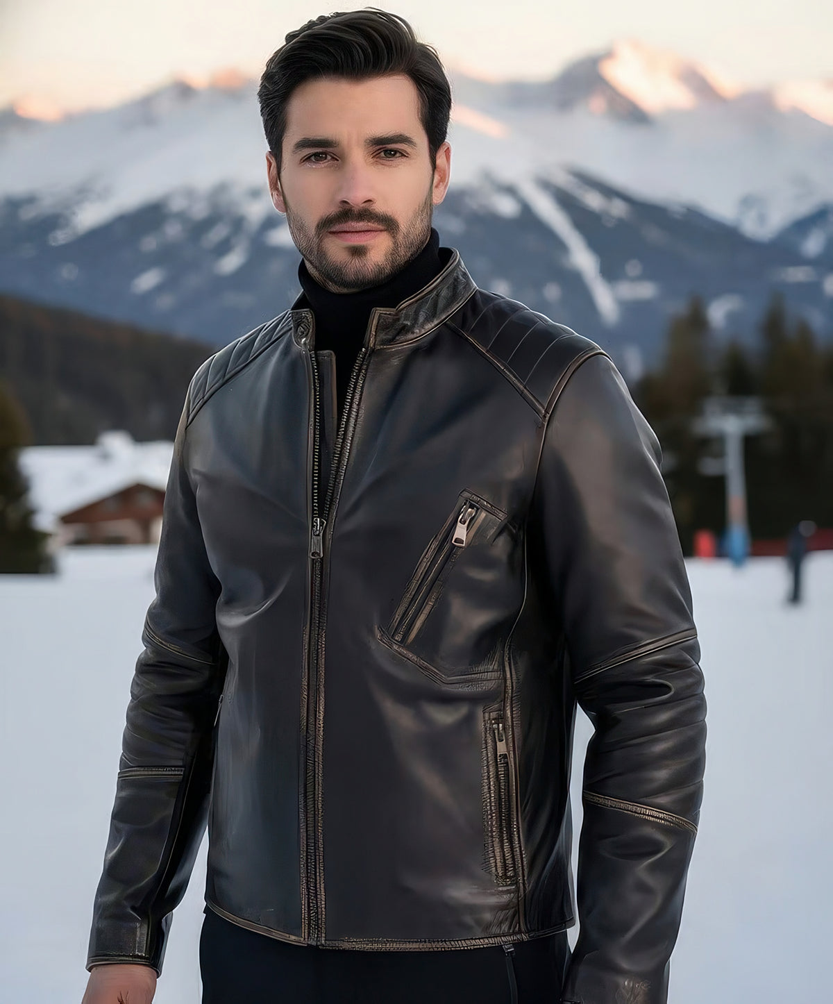 Man wearing the dark brown timeless cut leather jacket with contrast stitching and zip pockets, snowy mountain backdrop.