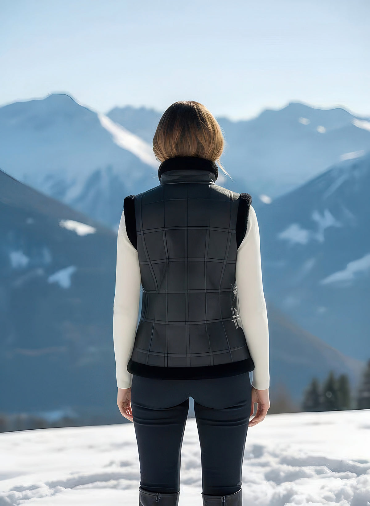 Back view of woman wearing the black shearling vest with leather grid back paneling, mountain range behind.