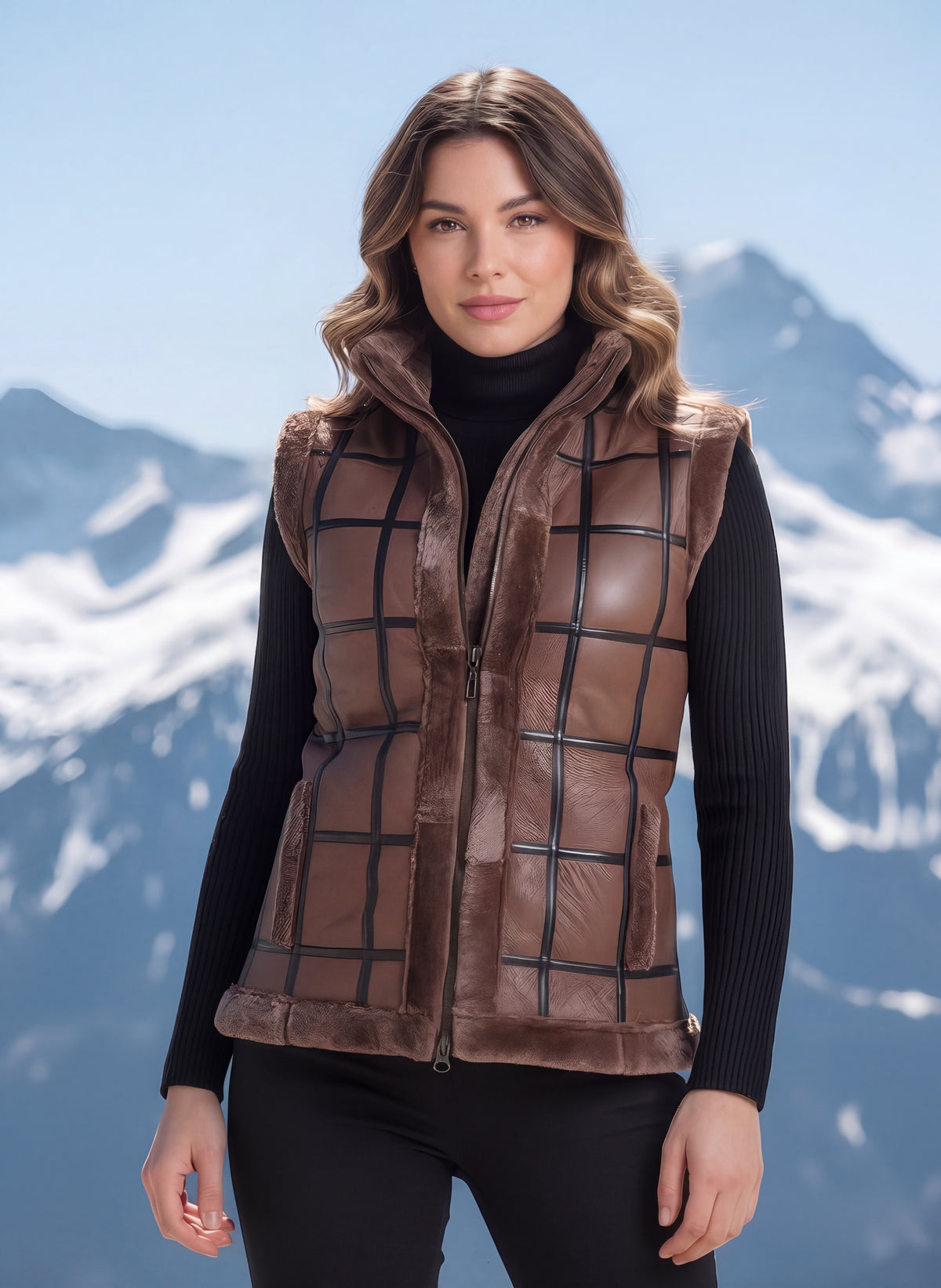 Woman wearing the brown Shearling Vest with leather windowpane paneling, front view, waist up
