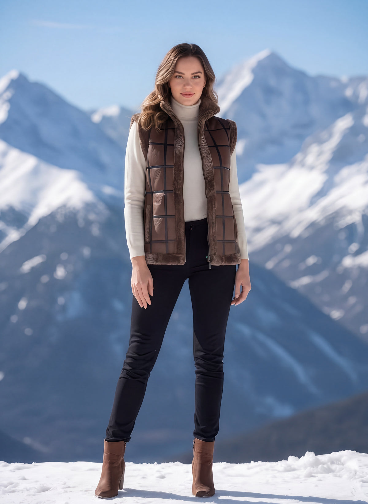Woman wearing the brown Shearling Vest with leather grid paneling, front view, full length
