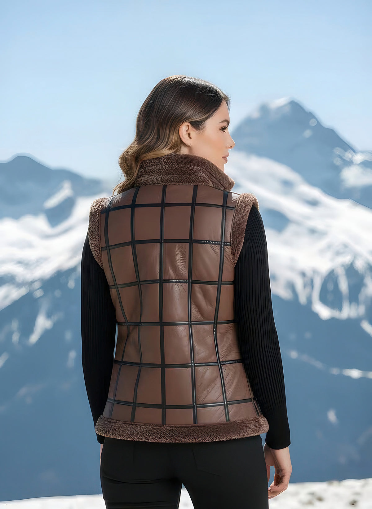 Back three-quarter view of woman wearing the brown shearling vest with leather grid paneling, mountain peaks behind.
