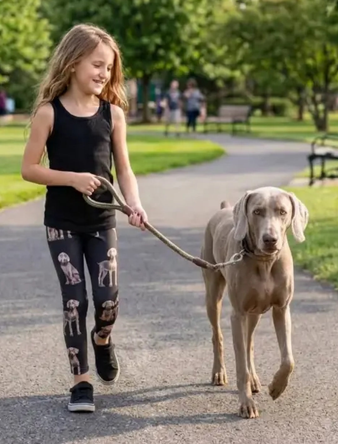 Girl in a black tank top with a gray Weimaraner in a park, wearing black Weimaraner print girls leggings