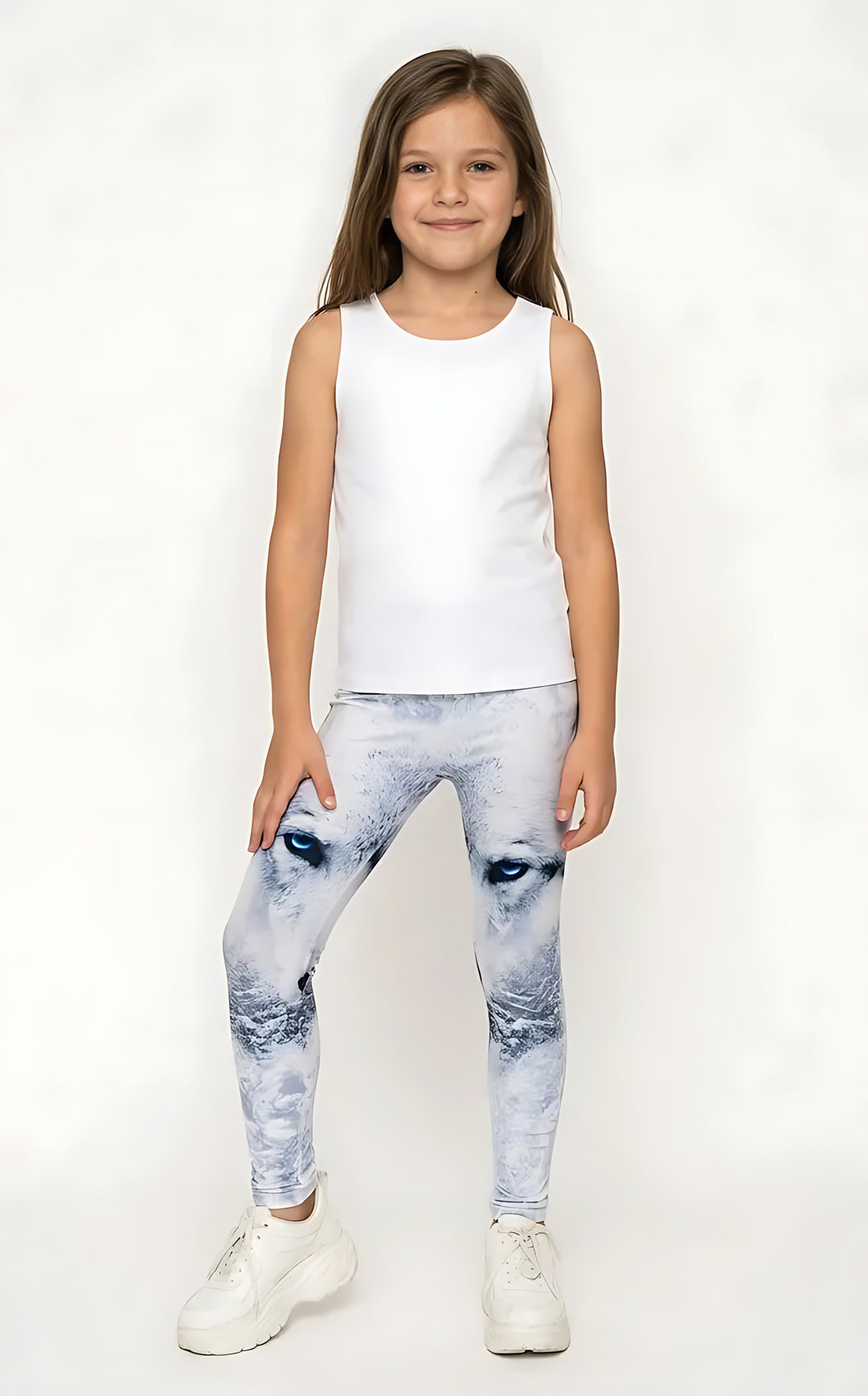 Girl wearing white wolf print kids leggings