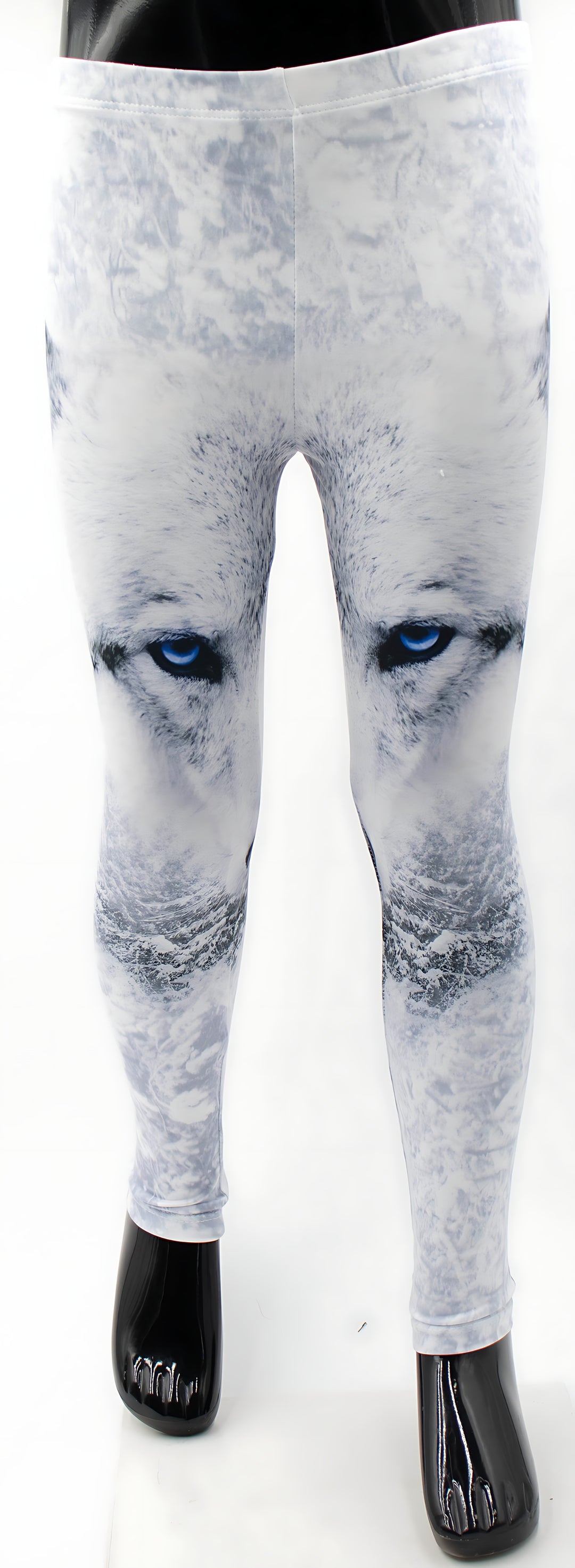 Kids wolf print wildlife leggings with blue wolf eyes on white and gray fur print, mannequin front view.