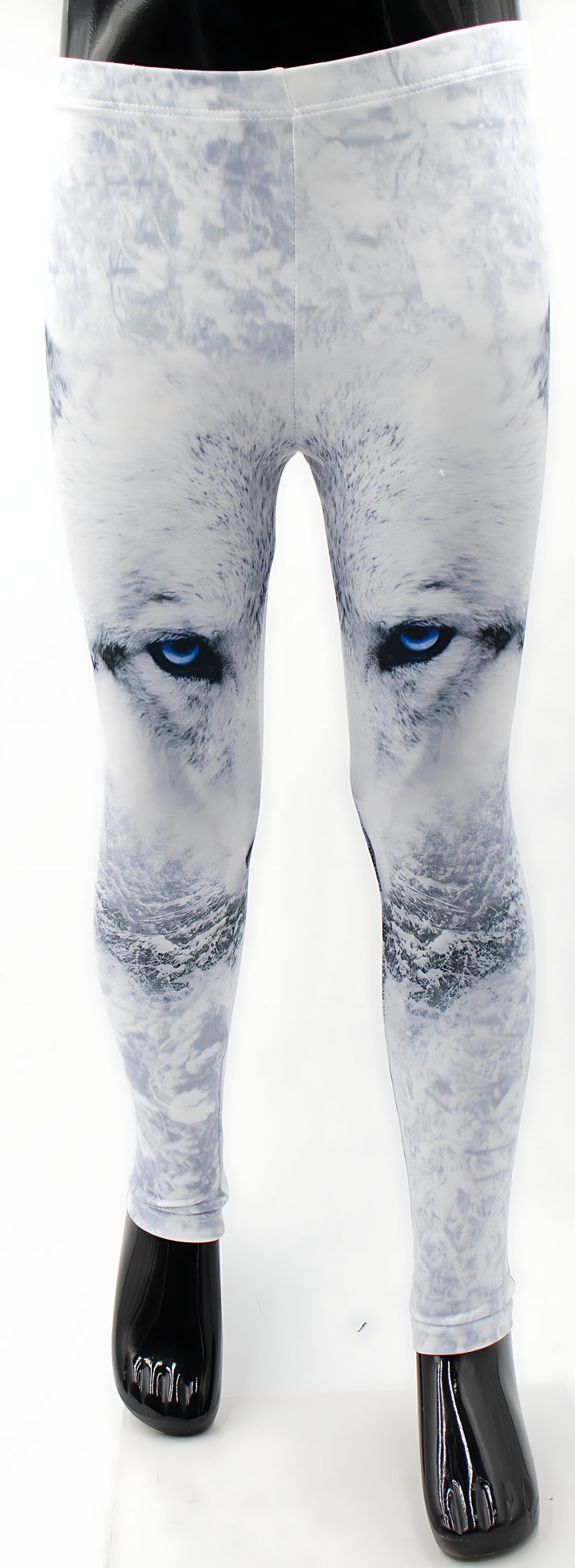 Kids wolf print wildlife leggings with blue wolf eyes on white and gray fur print, mannequin front view.