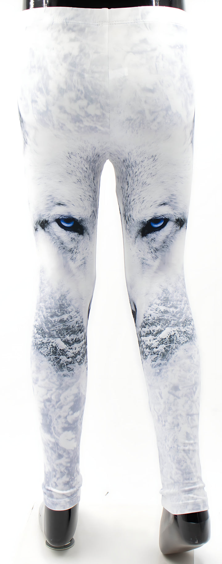 Back view of kids wolf print wildlife leggings with blue wolf eyes on white and gray fur, mannequin display.