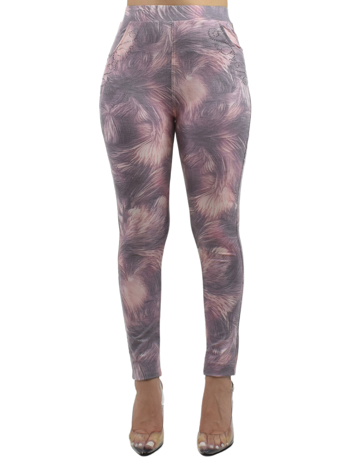 Jean pocket leggings with faded purple-gray denim print and rhinestone pocket details, front studio product shot with clear heels.