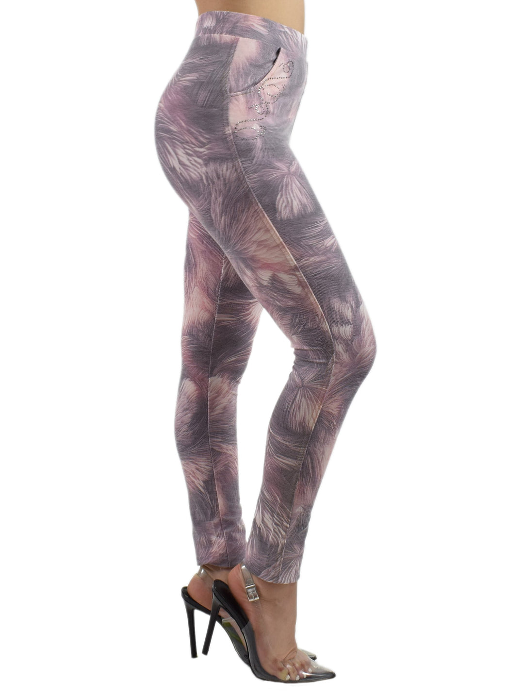 Side view of Women’s Denimaxx Jean Adjustable High-Rise Pocket Leggings featuring slim contour seams.