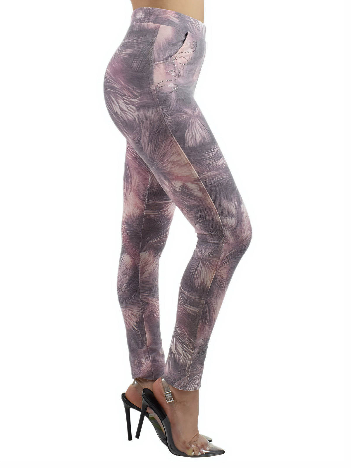 Side view of Jean pocket leggings with faded denim print and embellished side pocket, studio shot with heeled sandals.