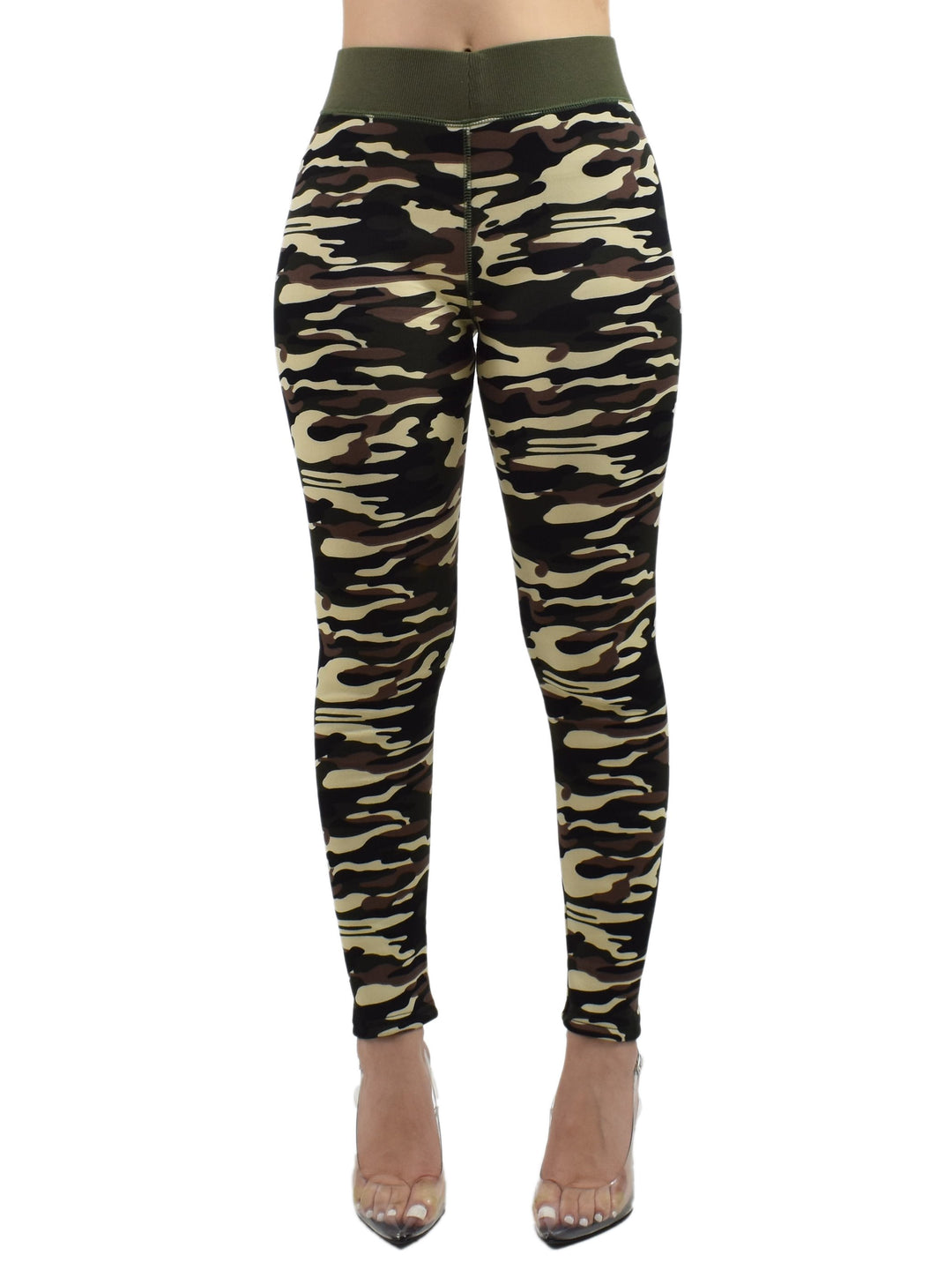 Front view of the Denimaxx Woodland Camo winter leggings in green and brown camo with an olive waistband, modeled with heels on a white background.