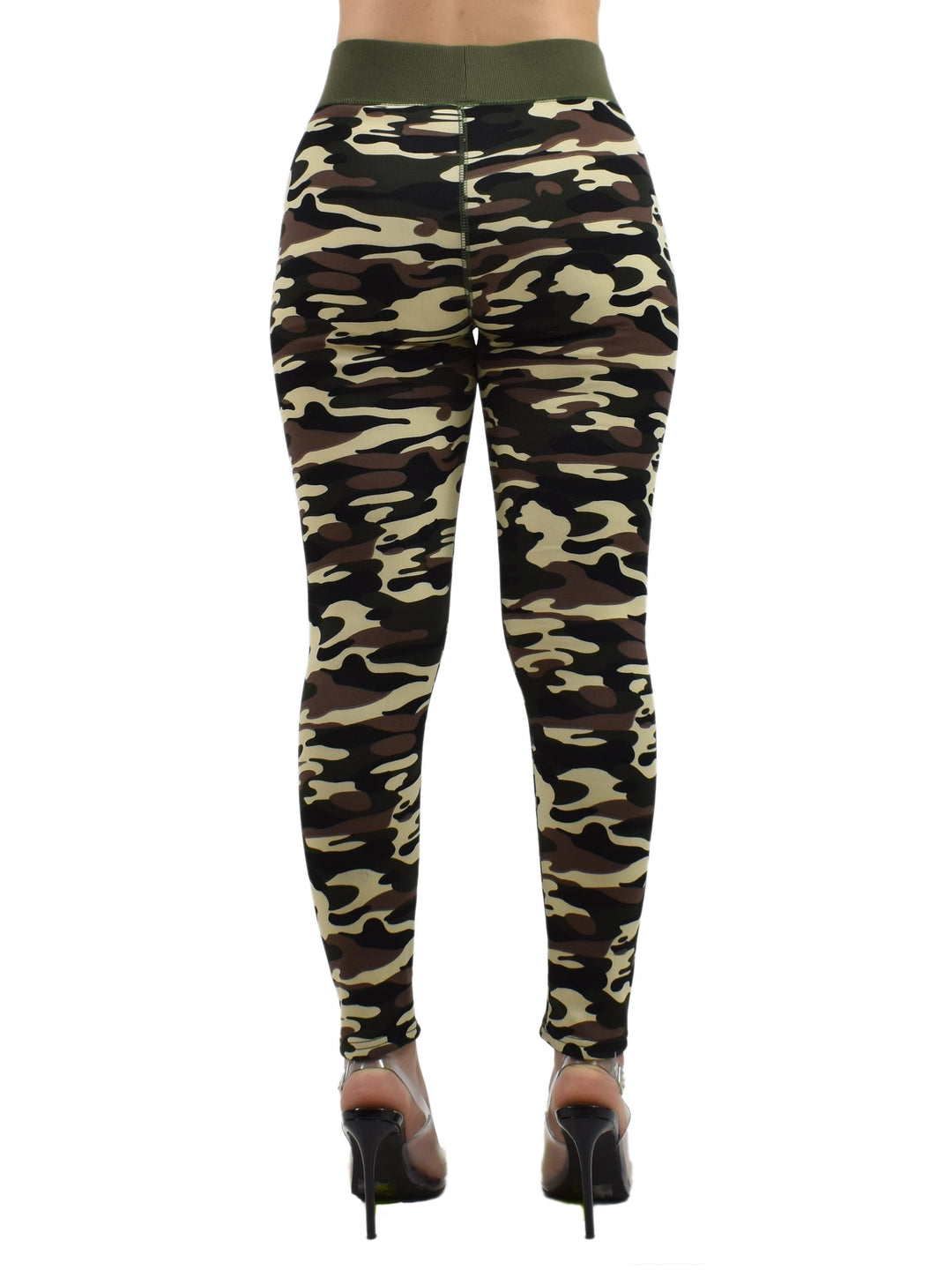 Back view of the Denimaxx Woodland Camo winter leggings in green and brown camo with an olive waistband, modeled with heels on a white background.
