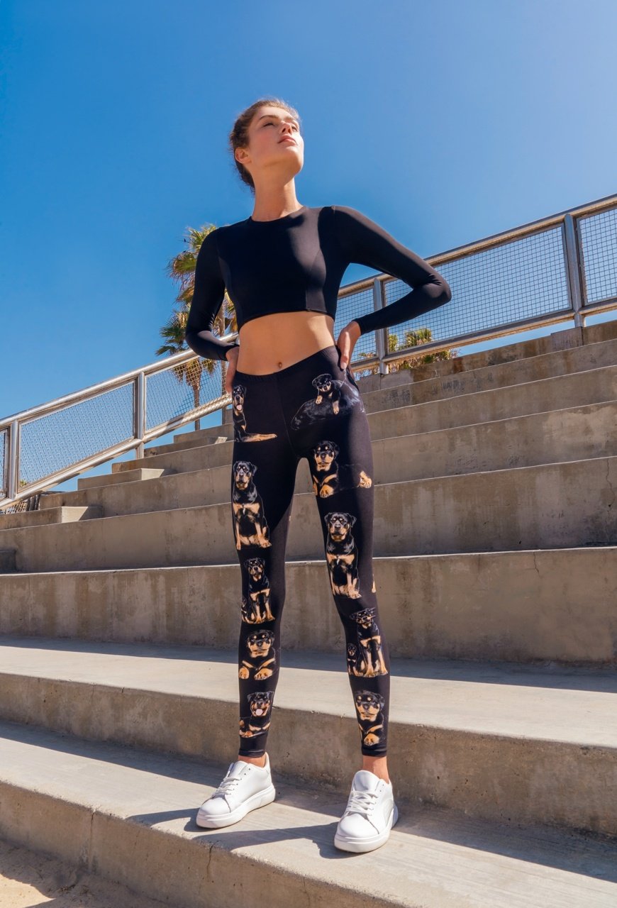 Model wearing Denimaxx Women’s Rottweiler leggings featuring exclusive dog-inspired design.
