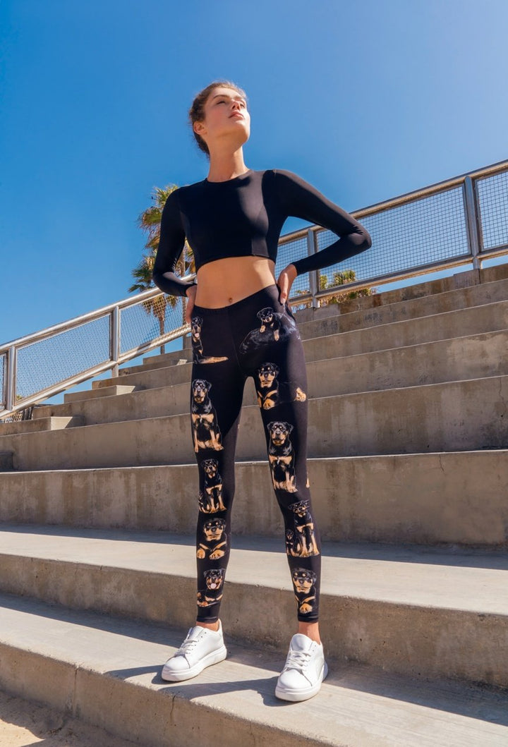 Model wearing Denimaxx Women’s Rottweiler leggings featuring exclusive dog-inspired design.