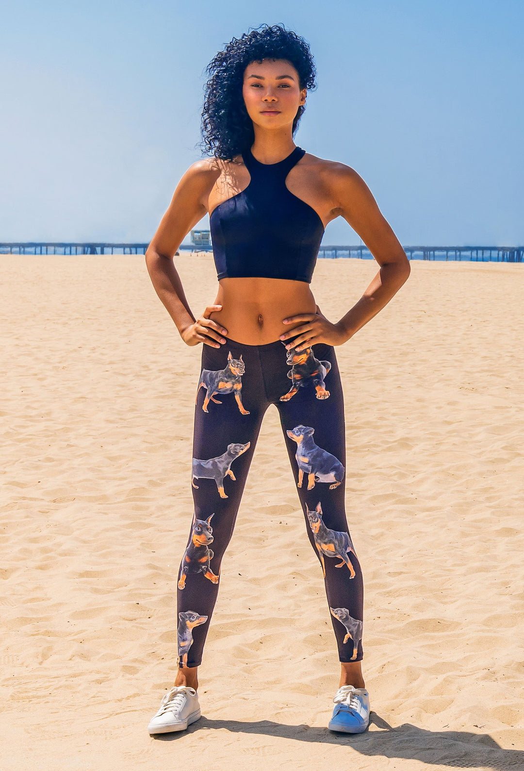 Model wearing Denimaxx Miniature Pinscher leggings highlighting sleek adjustable fit