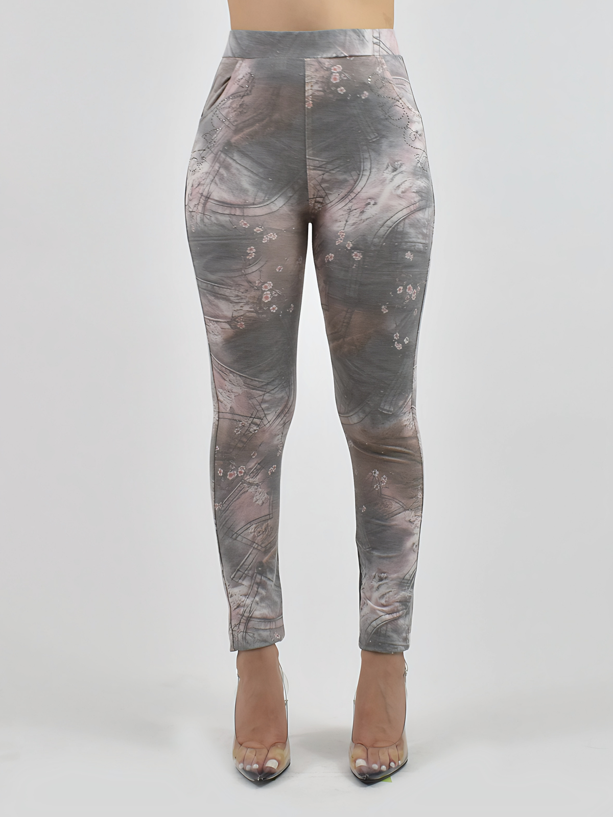Jean pocket leggings with gray and blush denim-style floral print, front studio product shot with clear heels.