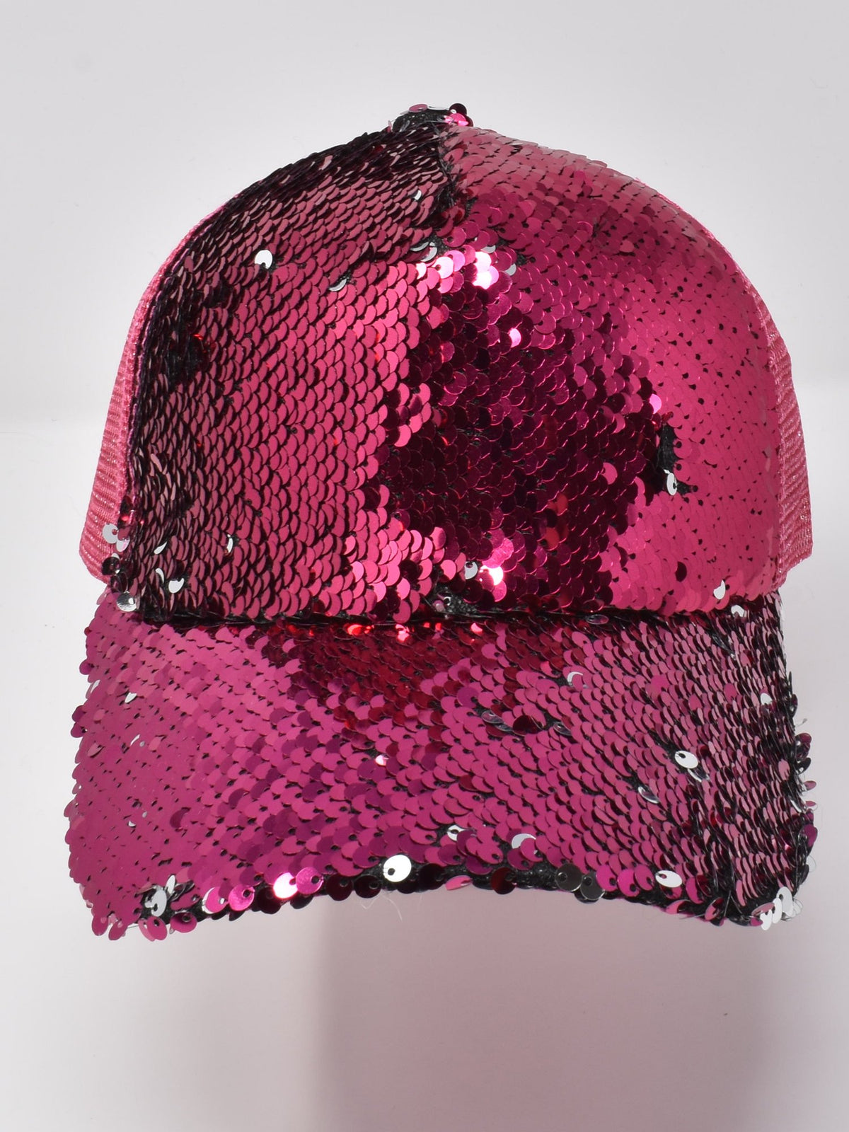 Hot pink sequin cap fully covered in pink sequins with a mesh back panel, front view on white.