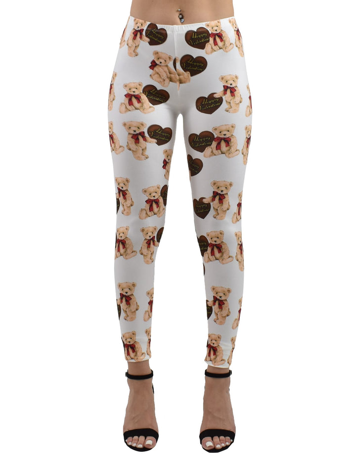 Close-up of Denimaxx Valentine Chocolate Bears leggings showing heart and chocolate-themed details
