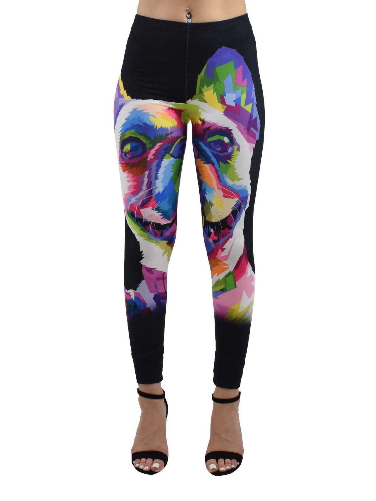 Front studio view of French Bulldog print leggings showing the multicolor pop-art frenchie face on black, styled with black strappy heels.