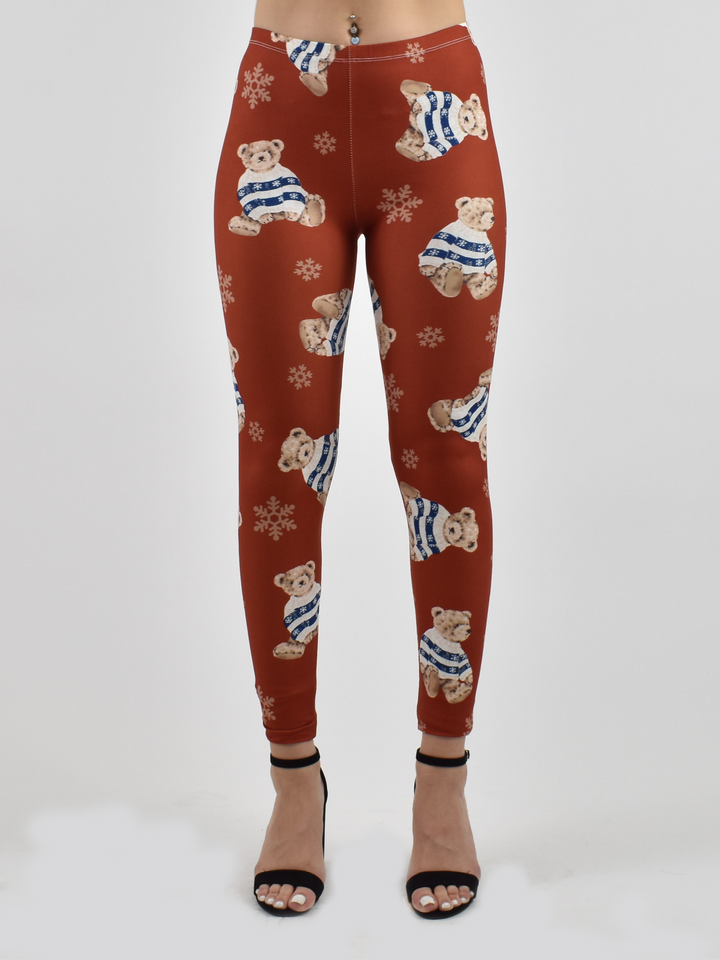 Denimaxx Women’s Snow Bear Print High-Rise Leggings featuring winter bear design and adjustable waistband.