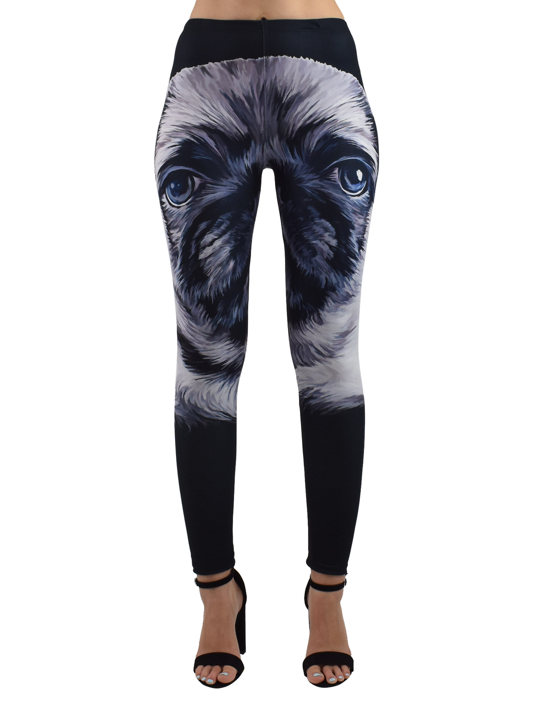 Close-up of Denimaxx Women’s adjustable high-rise leggings featuring realistic pug pattern and fine stitching.
