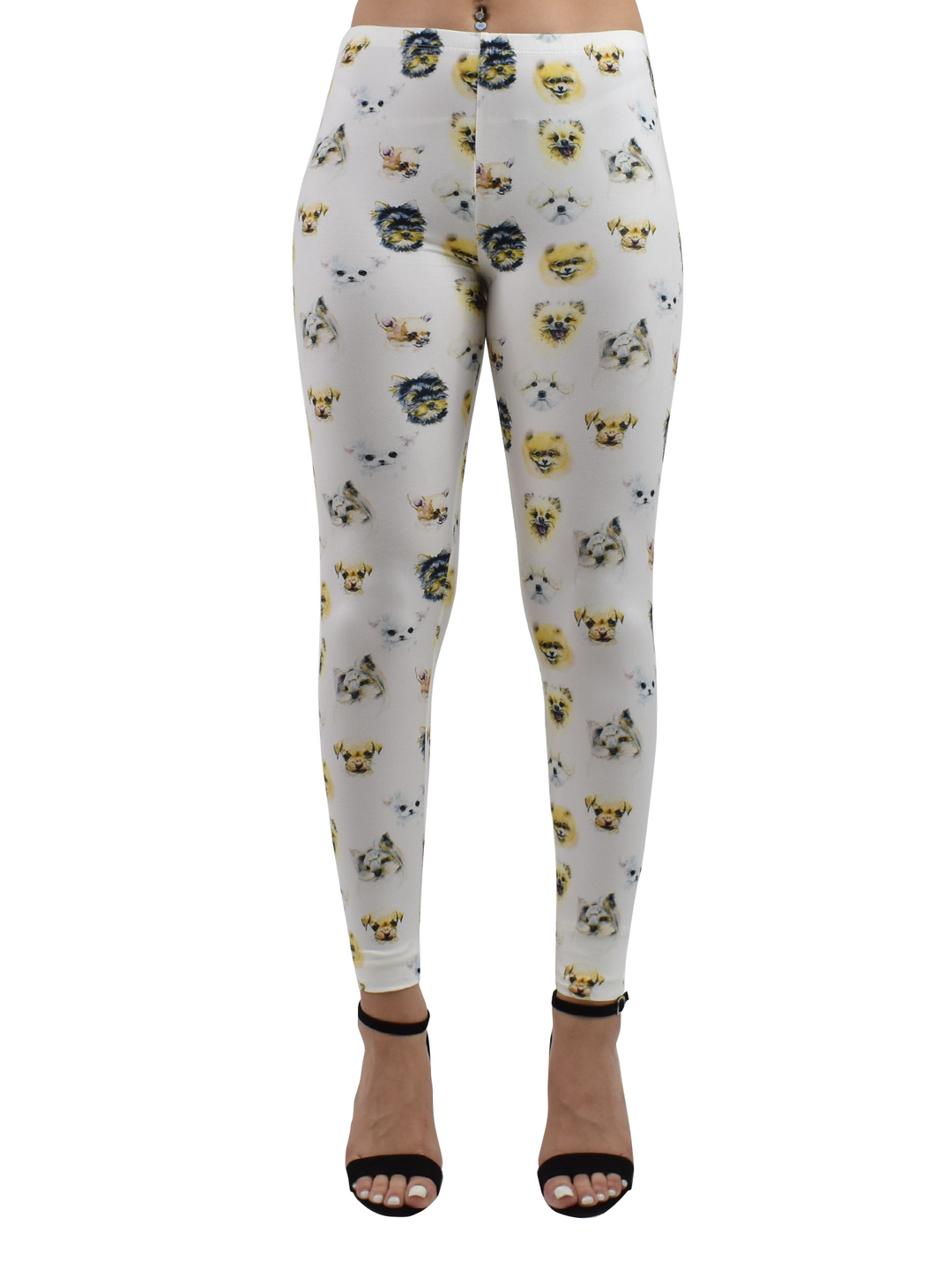 Close-up of Denimaxx Mixed Dog Breed yoga leggings showing smooth stretch fabric, fine seams, and vibrant canine print.