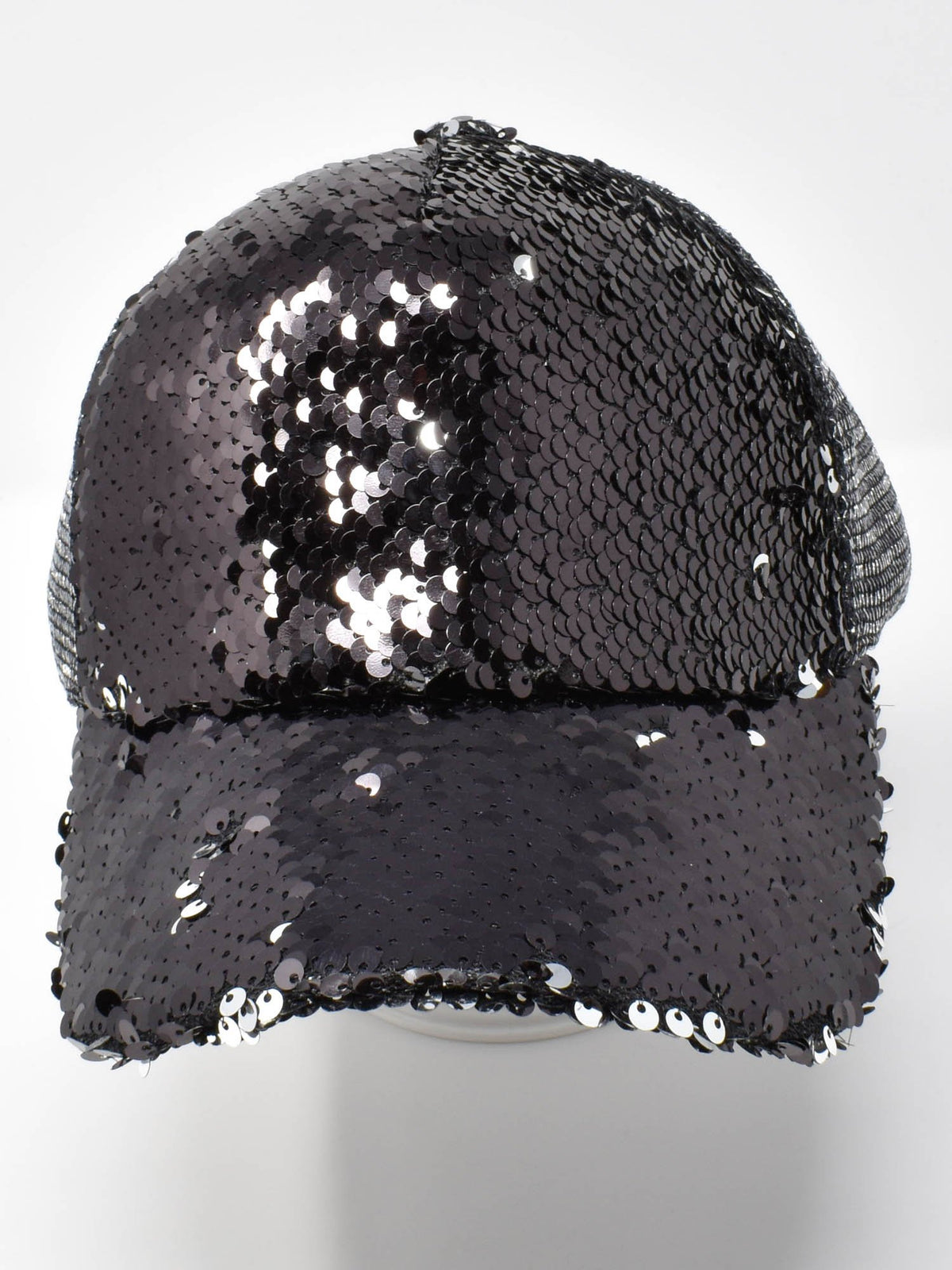 Obsidian black sequin cap covered in shimmering black sequins, front view on a white studio background.