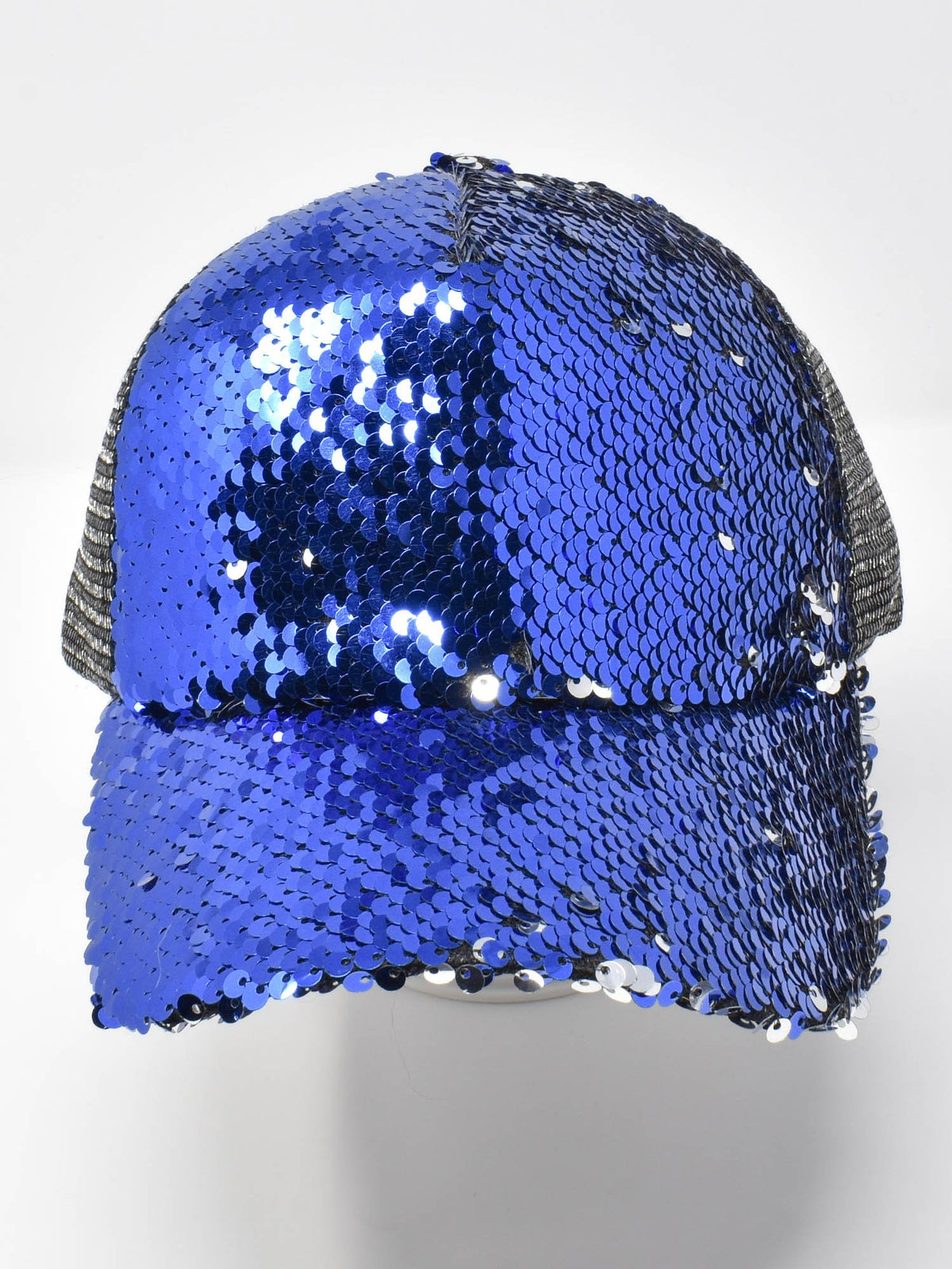 Ocean blue sequin-embellished cap covered in royal blue sequins, front view on a white studio background.