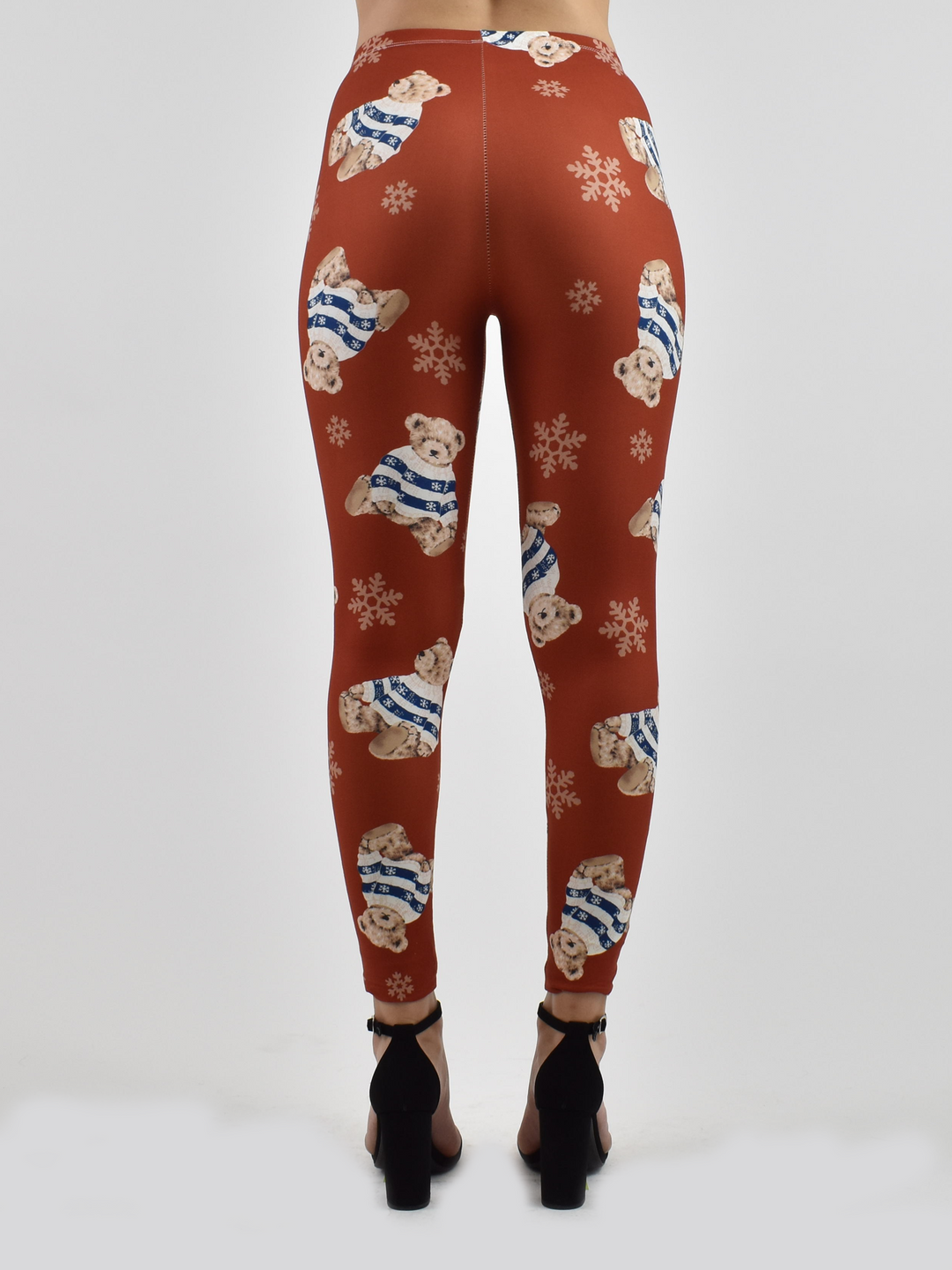 Model wearing Denimaxx Women’s Snow Bear Print High-Rise Leggings with cozy stretch and flattering fit.