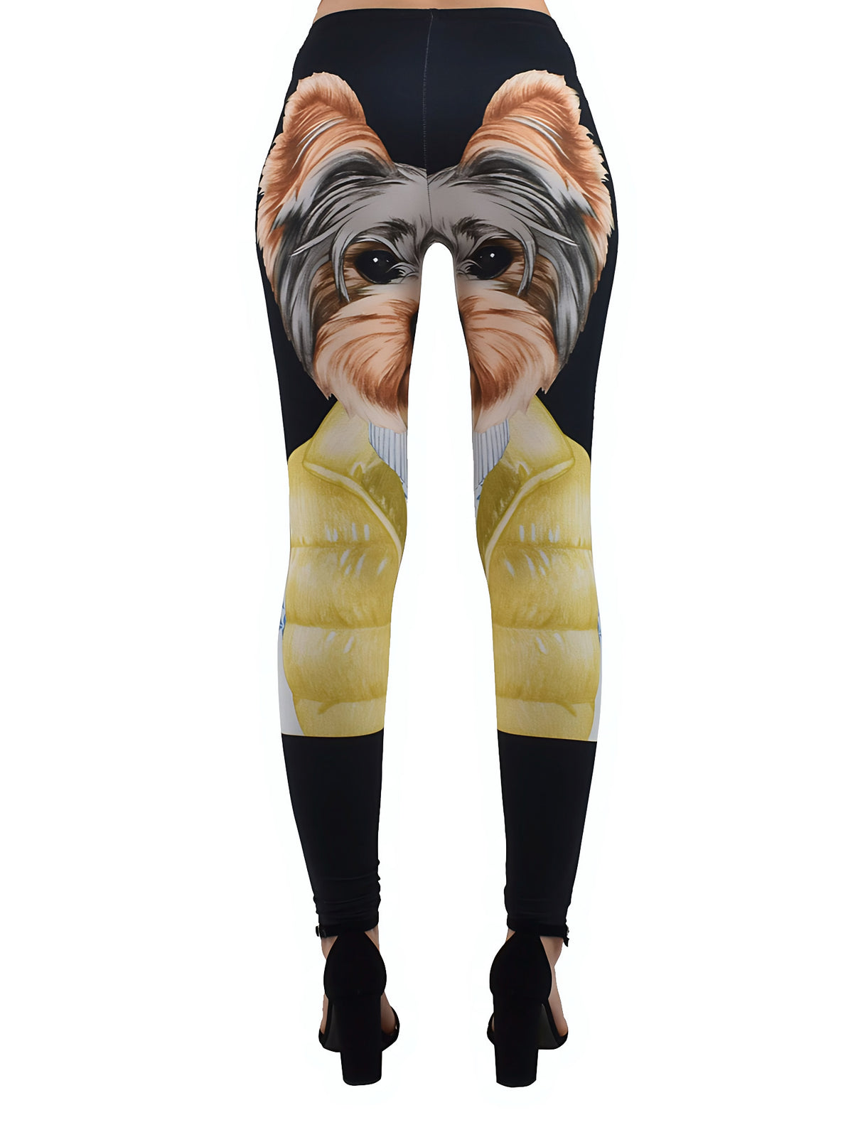 Back view of Yorkie print leggings with Yorkie face artwork on black and yellow fabric.